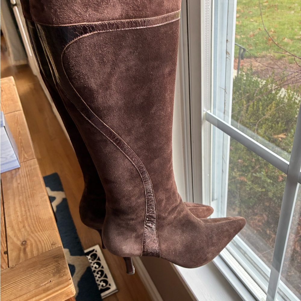 Women’s Genuine Suede Knee High Chocolate Dark Brown Heeled Boots - Picture 11 of 12